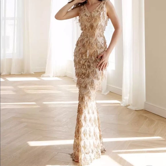 Gold Tassel Sequin Sleeveless Beaded Evening Gown - Picture 4 of 9